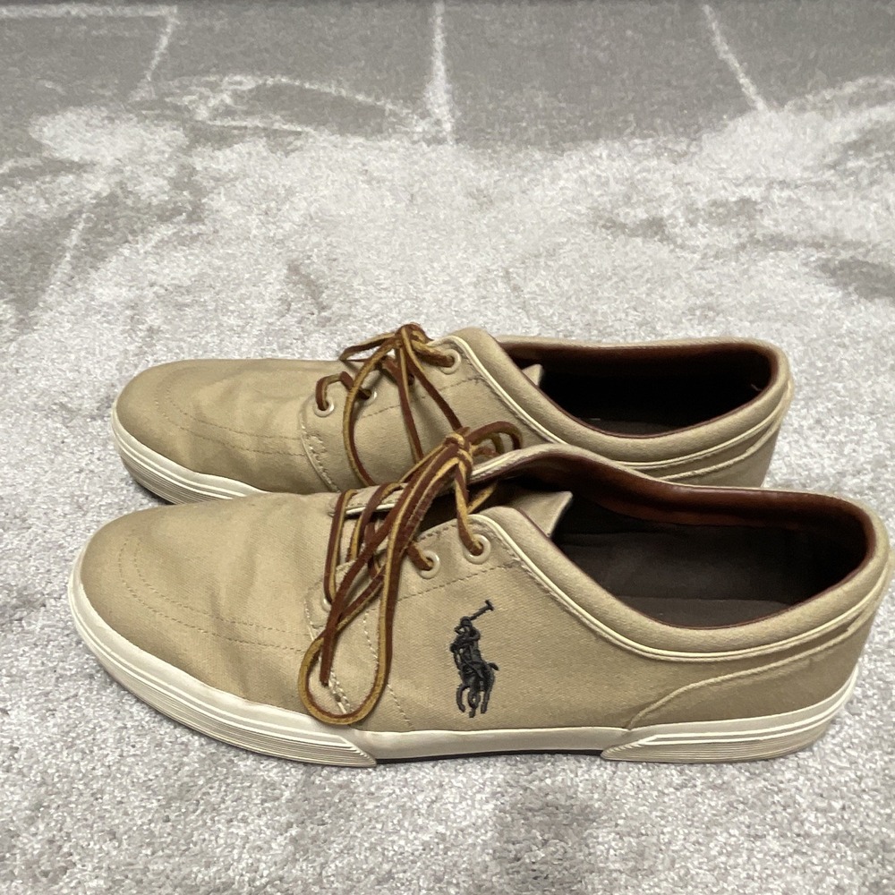 Polo Ralph Lauren Faxon Low Men's Beige Canvas Lace-Up Sneakers Logo US 12 D